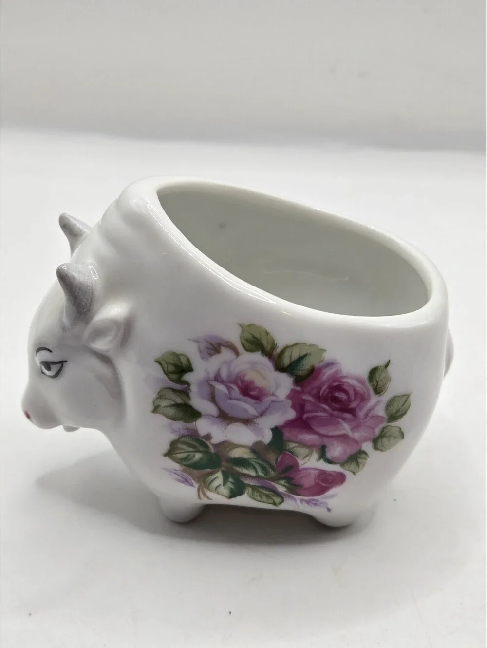 Vintage Japan Porcelain Cow Creamer Hand Painted Pink Roses Toothpick Holder